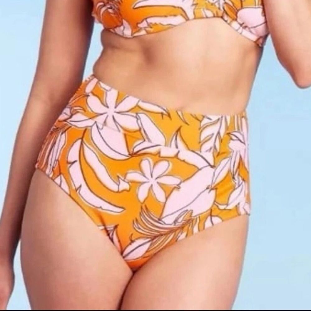 Kona sol Floral High Waist Bikini Bottom M Beach Tropical tummy control